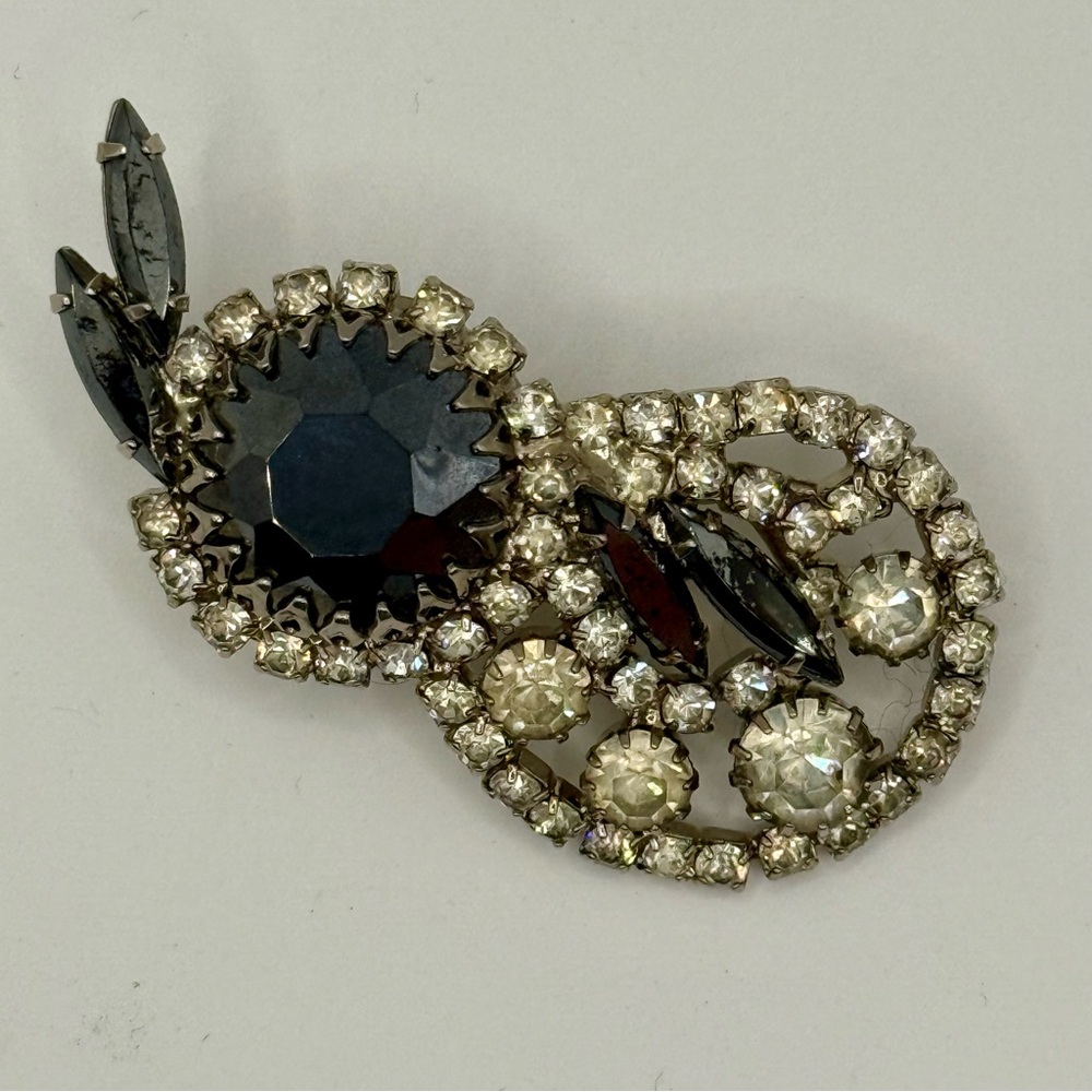 Vintage Black Rhinestone Brooch Silver Tone Clear Crystals Mid Century